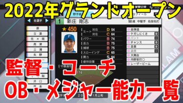 【プロスピ2022グランドオープン】監督・コーチ・OB・メジャー能力一覧2022開幕アプデ【eBASEBALLプロ野球スピリッツ2021 グランドスラム】